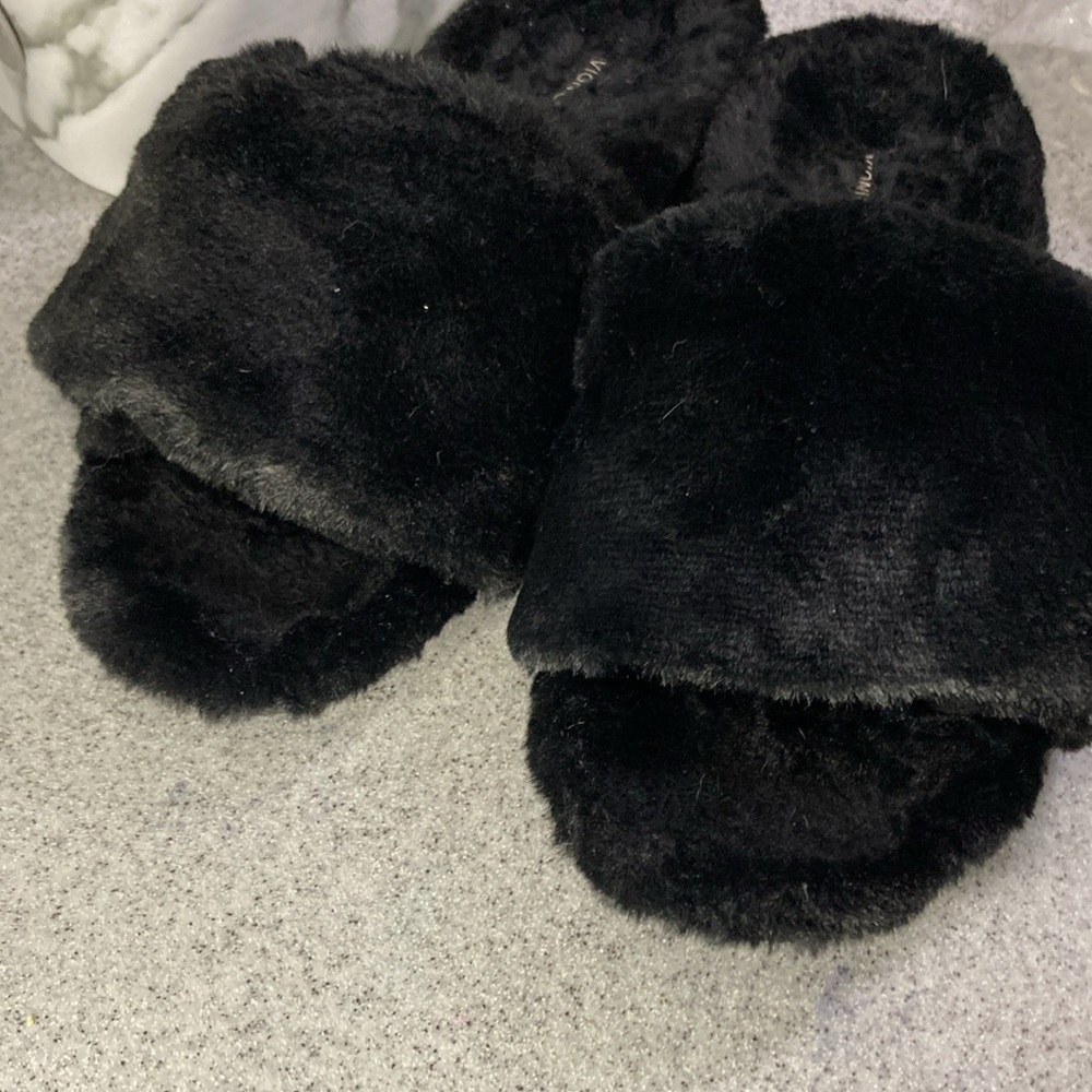 Vionic Black Furry Slides With Hook And Loop Clos… - image 3